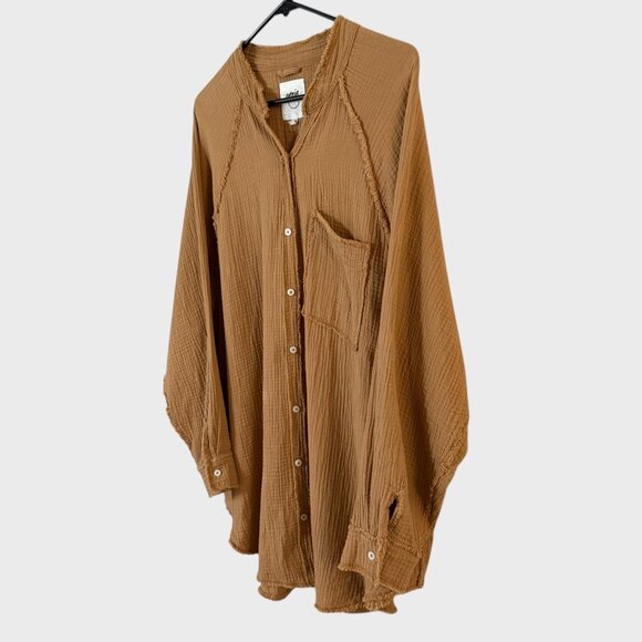 Aerie American Eagle Shirt Tan Women's Medium Crinkle Gauze Button-Up Cotton Top - Picture 2 of 11